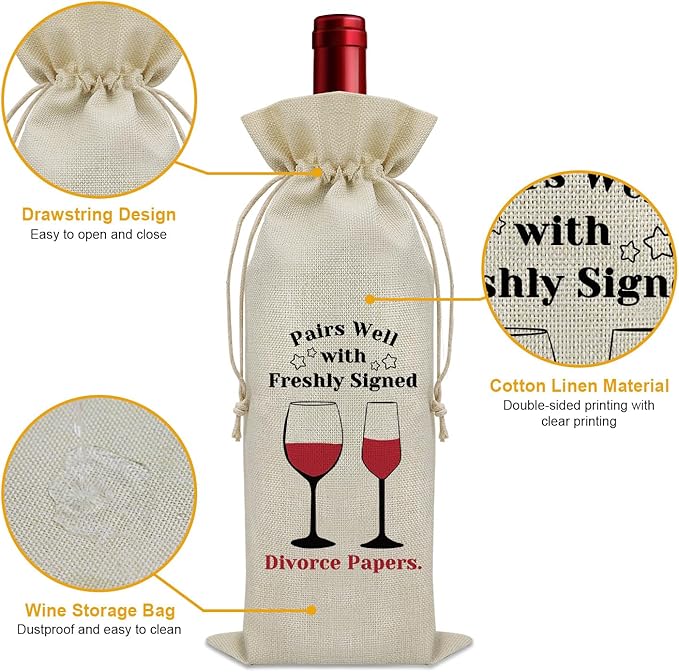 Divorce Gifts for Women Wine Bag Divorce Party Gifts for Him Breakup Gifts for Her Wine Bottle Decoration Bag New Beginning Gift Ideas Pairs Well with Freshly Signed Divorce Papers（Beige）