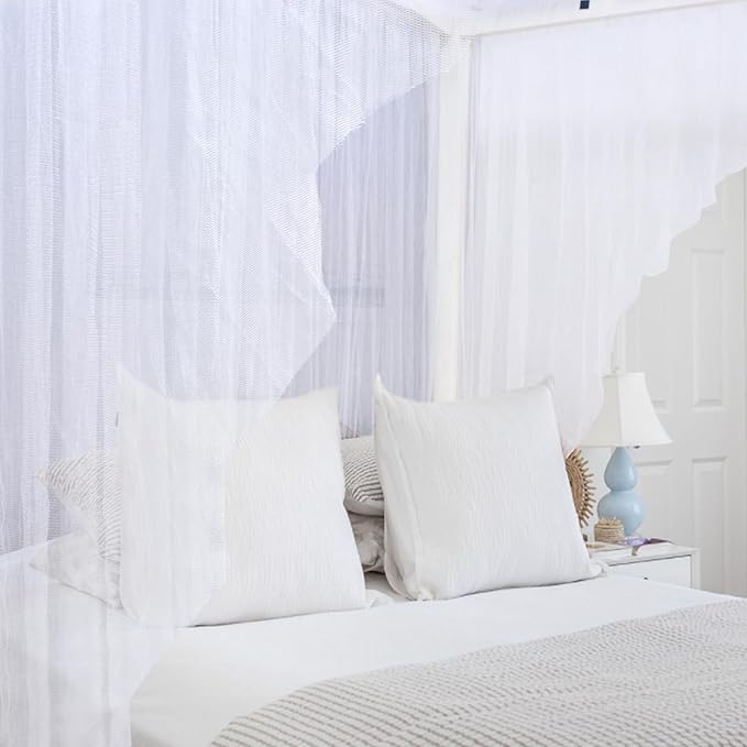 tupi White Canopy Bed Curtains for King/Queen/Full Size, 4 Corner Bed Canopy, Elegant Bed Drapes Bedroom Decor, Ultra Ripstop Polyester, Easy Installation