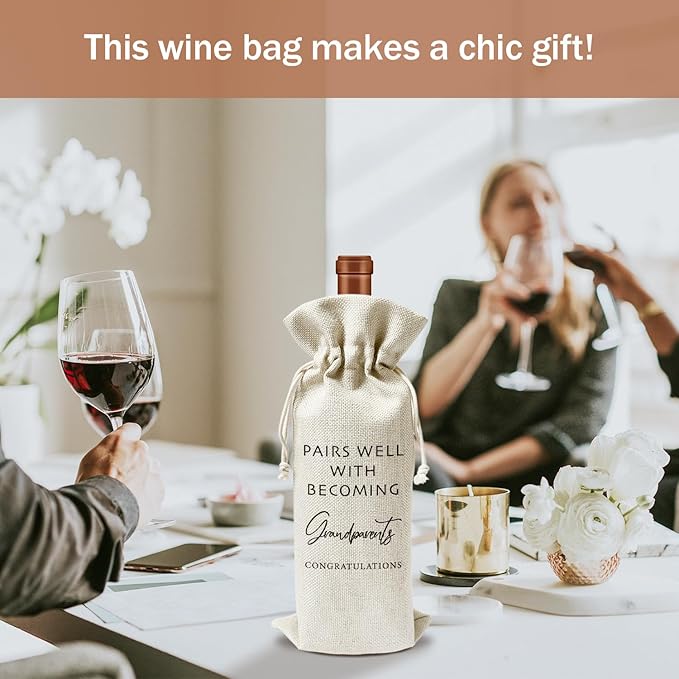 Pregnancy Announcement for Grandparents Wine Gift Bags, First Time Grandparents Gifts for Grandparents, 1pcs Reusable Burlap Wine Gift Bags for Wine Bottles, Baby Announcement Holiday Party Favor -22
