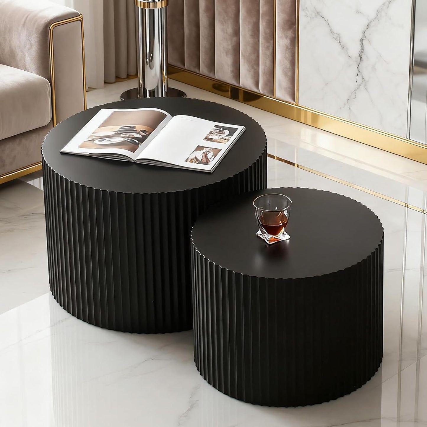 Round Nesting Coffee Table Modern Fluted Coffee Table Set of 2 Circle Drum Coffee Tables Small Round Accent Side End Table for Living Room No Assembly (Black A 27in)