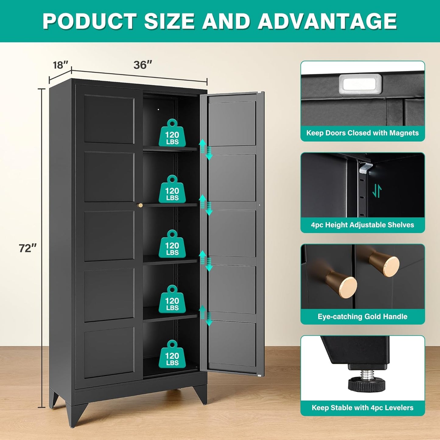 Metal Storage Cabinets with 2 Doors and 5 Shelves,Tall Storage Cabinet,Large Cupboard Closet,Pantry Storage Cabinet for Home,Office,Bathroom,Dining/Living Room (Black, 72" H)