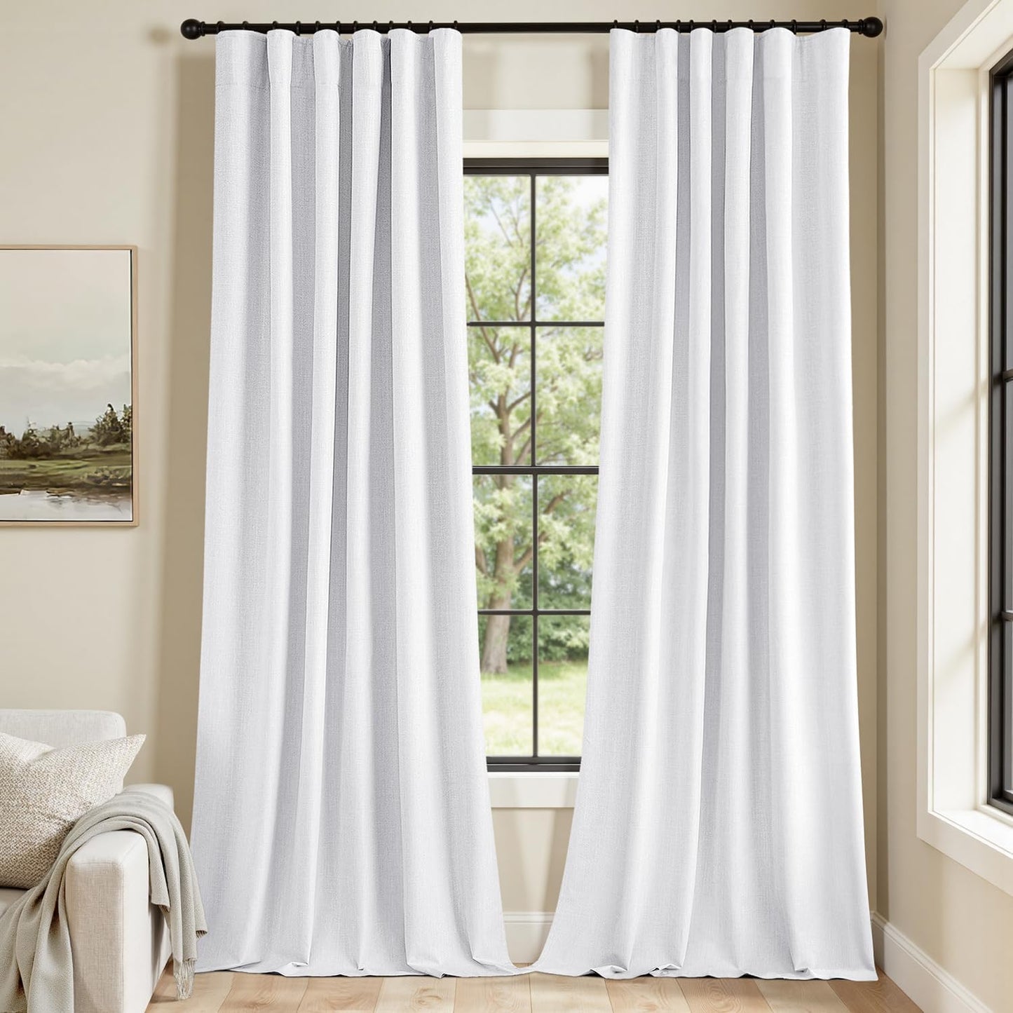 MIULEE 100% Blackout Curtains 84 Inch Long 2 Panels Set for Bedroom, Thick Faux Linen Black Out Curtain Room Darkening Back Tab Pleat Window Textured Drapes with Hooks for Living Room, Bright White