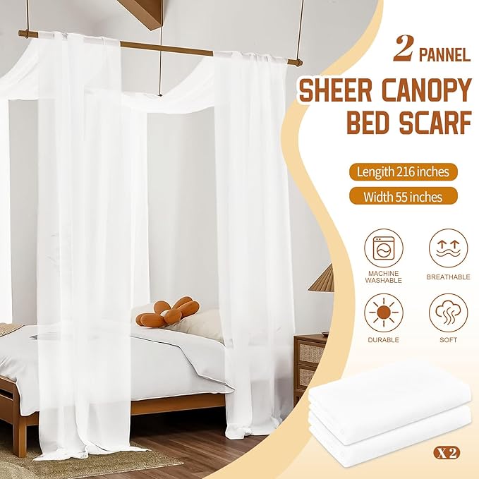 Showgeous 2 Panels Canopy Curtains White Canopy Bed Curtains 55" x 216" Bed Canopy Scarf for Full/Queen Bed Frame,Queen Canopy Bed Curtains,Sheer Bed Canopy Curtains Drapes Bed Tulle Canopy