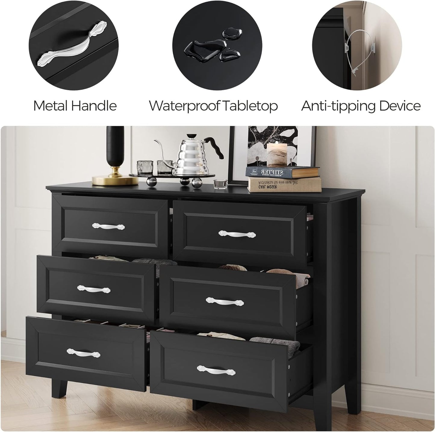 LINSY HOME Farmhouse 6 Drawers Dresser Chests for Bedroom, Wood Dresser Wide Chest of Drawers, Storage Dressers Organizer for Bedroom, Living Room,Hallway, SGS Certified