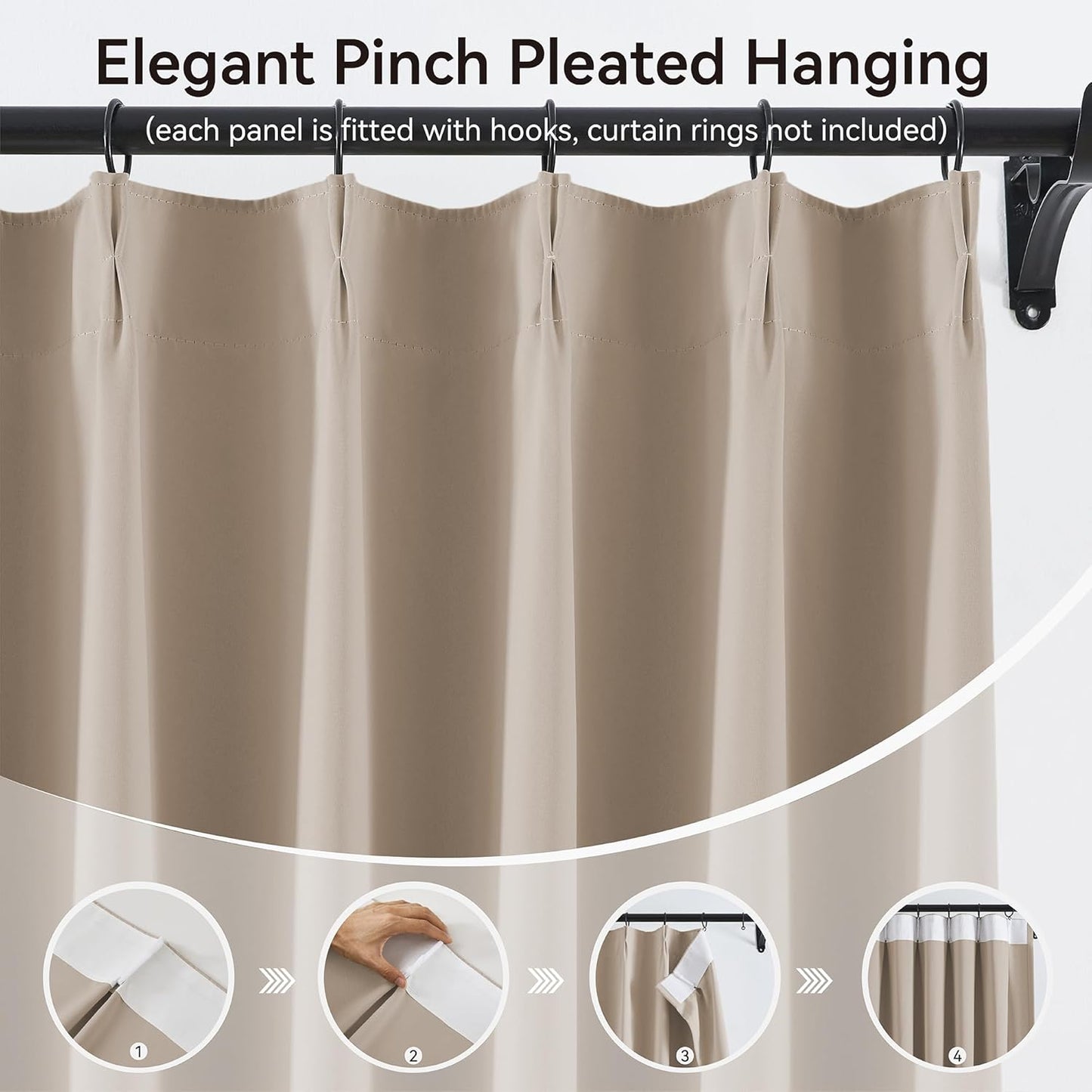KangBang Taupe Room Darkening Curtains 108 Inches Long, Pinch Pleated Blackout Curtains Sound Dampening Polyester Modern Drapes for Living Room Office with Hooks Track System,40Wx108L,2 Panels