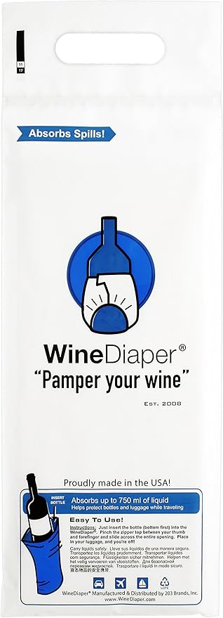 Wine Diaper - Reusable, Protective and Absorbent Wine Bottle Bags for Travel (3 pack) Made in the USA