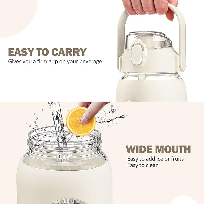 kytffu 42oz Glass Water Bottles with Straw, Motivational Glass Bottle with Silicone Sleeve and Time Marker, Leakproof Large Glass Water Jug for Gym Home Office,White