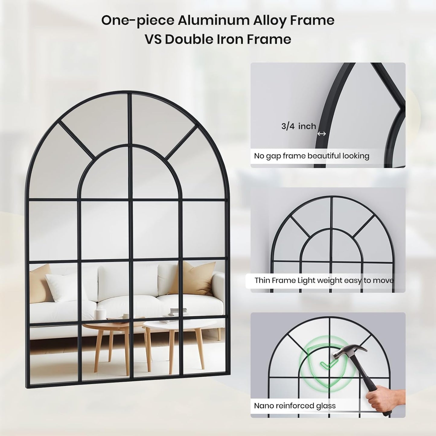 Arched Windowpane Wall Mirror 30"x40" Black Wall Mounted Art Pane Mirror Farmhouse Decorative Mirror Leaning Hanging Wall Mirror for Bedroom Living Room Entrance Hallway Wall Decor