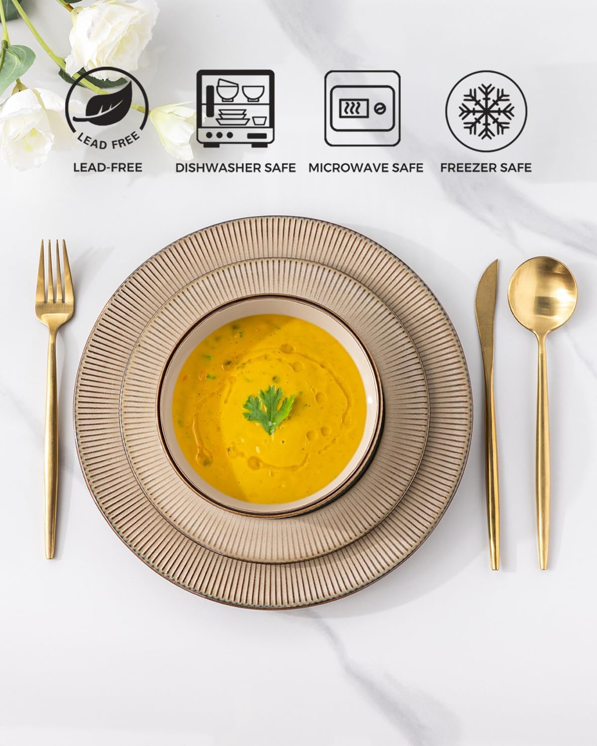 GBHOME Ceramic Dinnerware Sets, 18 Piece Embossed Elegant Stoneware Plates and Bowls Sets, Housewarming Wedding Gift | Dishwasher & Microwave Safe | Dishes Set Service for 6