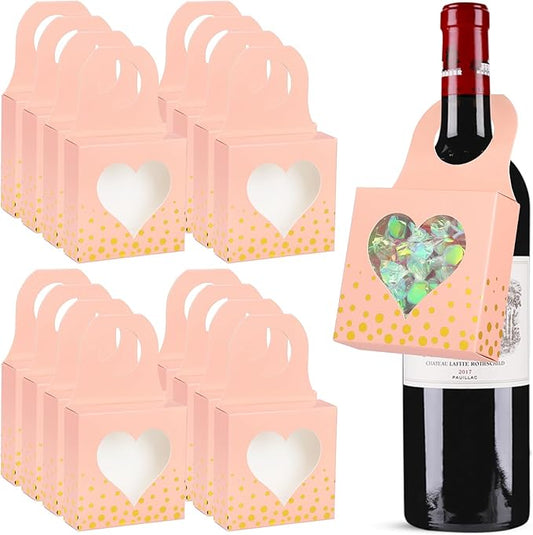 ISKYBOB 25 Pieces Wine Bottle Box with Window, Kraft Paper Wine Boxes for Gifts Hanging Wine Bottle Gift Box Foldable Wine Bottle Hanger Favor Box for Holding Candy Truffles Chocolate Cookies (Pink)