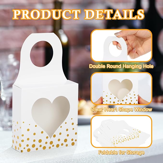 ISKYBOB 25 Pieces Wine Bottle Box with Window, Gold Foil Wine Boxes for Gifts Hanging Wine Bottle Gift Box Foldable Wine Bottle Hanger Favor Box for Holding Candy Truffles Chocolate Cookies (White)
