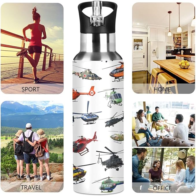 Helicopter Stainless Steel Water Bottle with Straw Lid - 20 Oz Sports Insulated Water Bottle Thermos for Sport Gym Outdoor Travel School