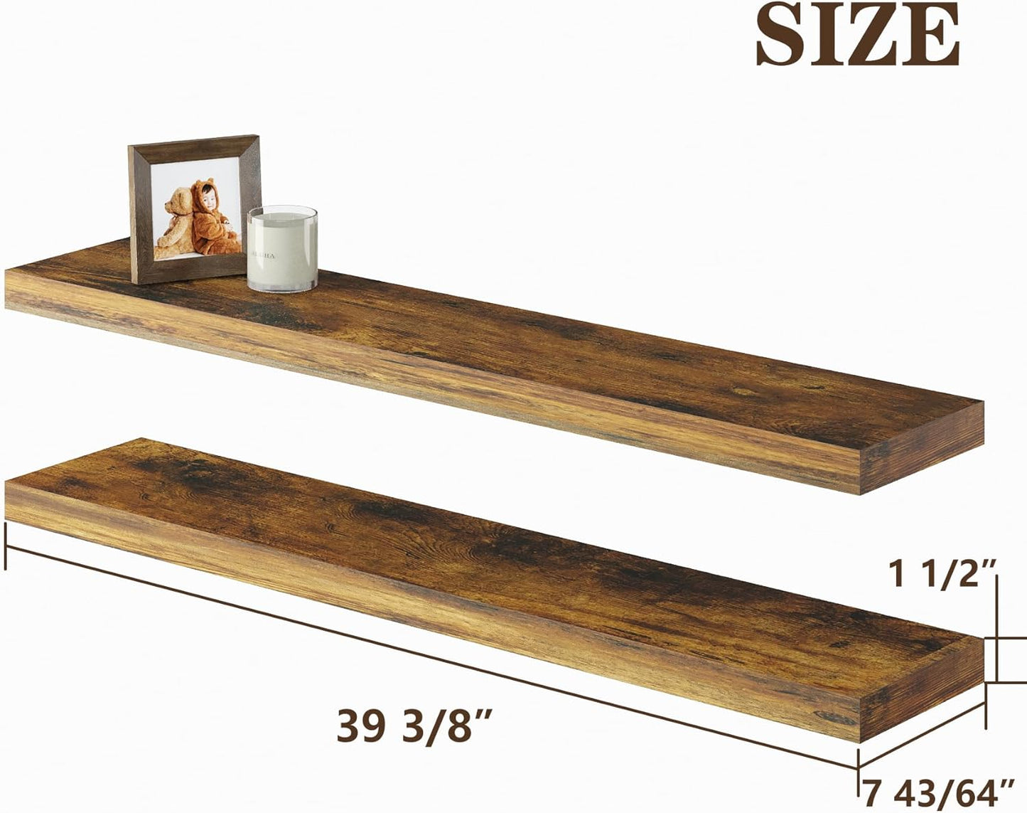 BAMEOS Floating Shelves,40 in W x 7in D Wall Mounted Wooden Shelves with Invisible Brackets Set of 2, Hanging Wall Shelves Decoration for Bedroom, Bathroom, Living Room and Kitchen,Rustic Brown