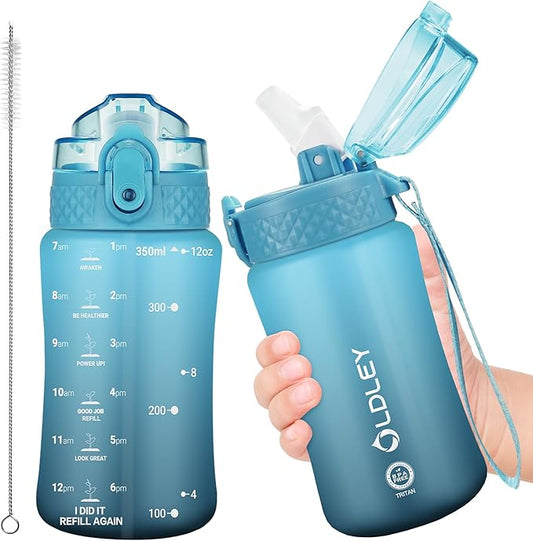 OLDLEY Kids Water Bottle for School, 12 oz (Straw Lid) BPA-Free Reusable Leak-proof Durable Tritan Plastic Water Bottles with One-handed Opening Straw Lids, Anti-dust Spout Cover (Bluenavy)
