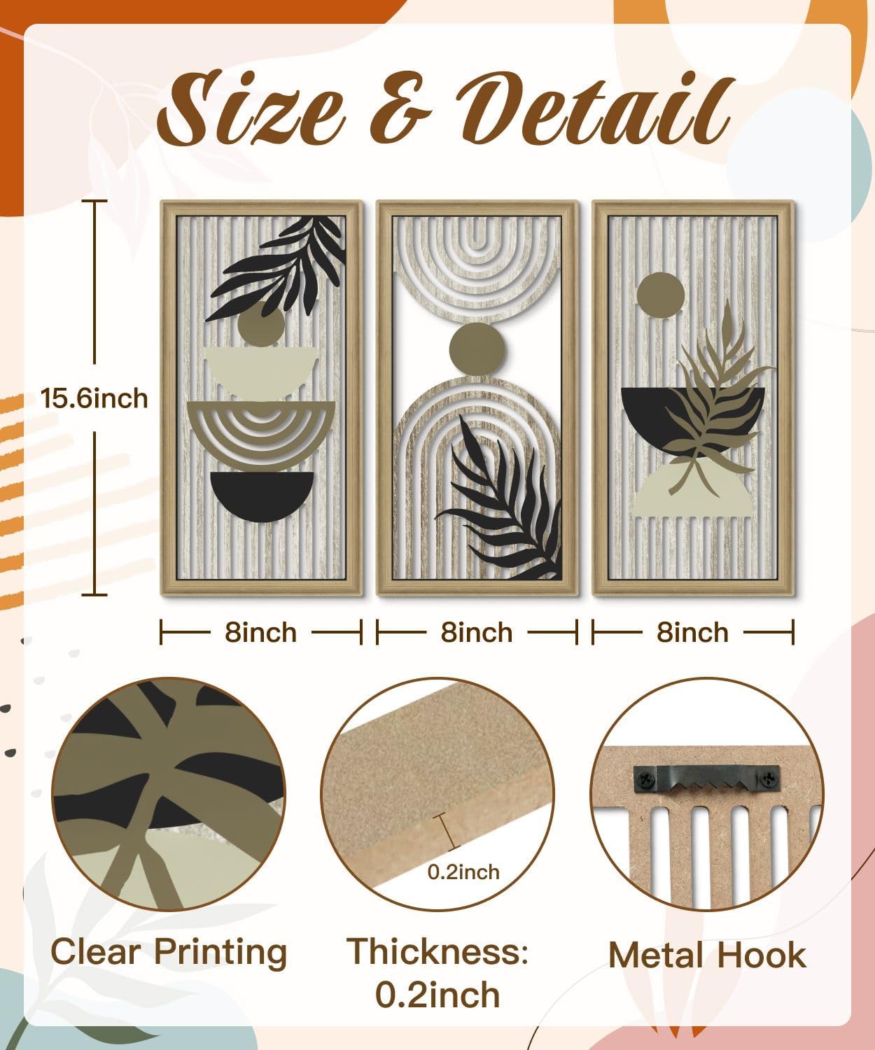 Putuo Decor Boho Abstract Wall Art, Set of 3, Modern Geometric Botanical Wooden Wall Decor, Mid-Century Minimalist Framed Artwork, Neutral Toned Aesthetic Prints, for Living Room, Bedroom, Office