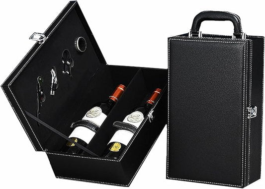 TANG SONG Leather Double Bottle Wine Gift Box with 4 Wine Accessories Wine Bottle Storage whit Locking Latch (Black)