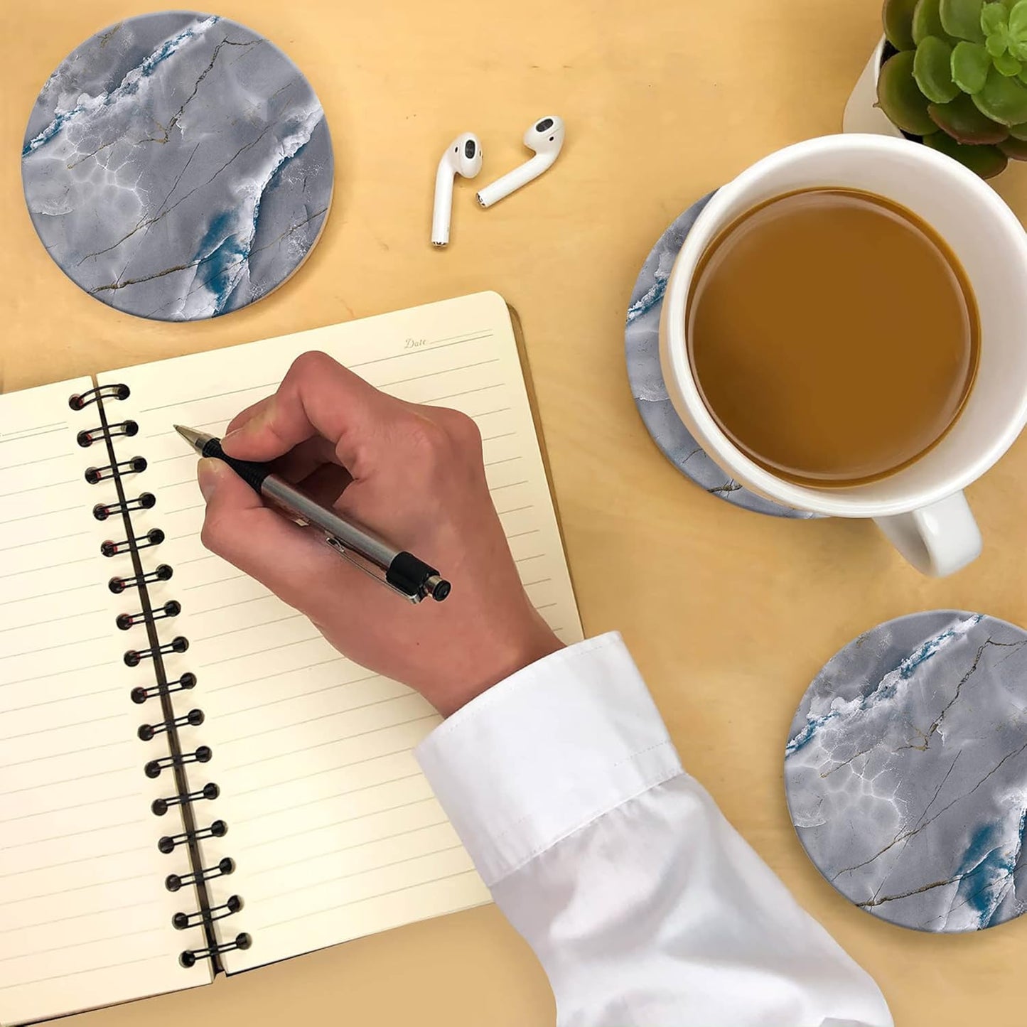 Emerson Coasters for Drinks Absorbent – Natural Stone Drink Coasters Set with Holder, Coasters for Coffee Table, Wooden Tabletop Protection Marble Style – 100% Heavy Duty Set of 6 (Graphite)