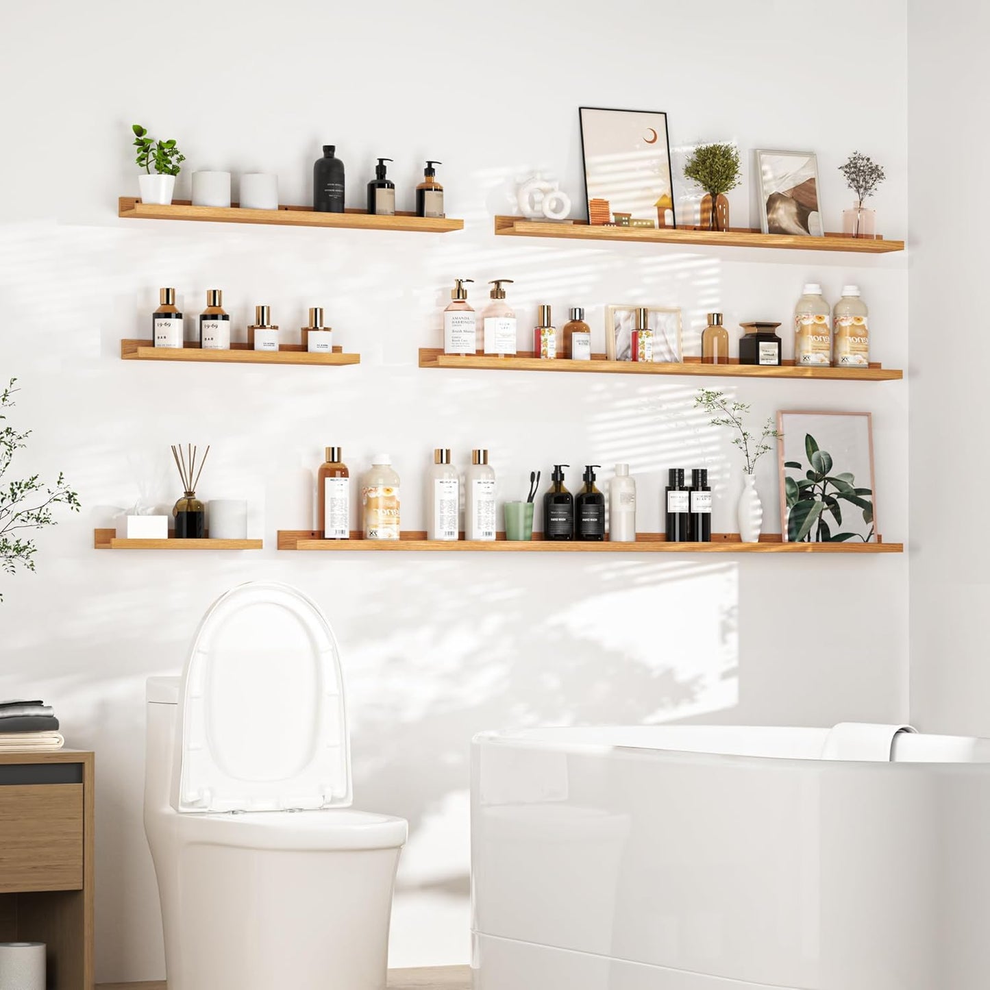 Heimlove Picture Ledge Shelf, Floating Shelves Set of 2, 36 Inches Picture Shelf for Wall with Ledge, Kids Bookshelf Wall Mounted for Living Room Bedroom Decor Books Photo Frames - Natural Oak