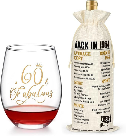 DAZLUTE 60th Birthday Gifts for Women, 60 & Fabulous Wine Glass with 1 Pack Reusable Burlap Wine Bag, 60 Year Old Wine Glass Birthday Gift for Women Mom Friend Sister Wife Aunt Grandma, 17 Oz Gold