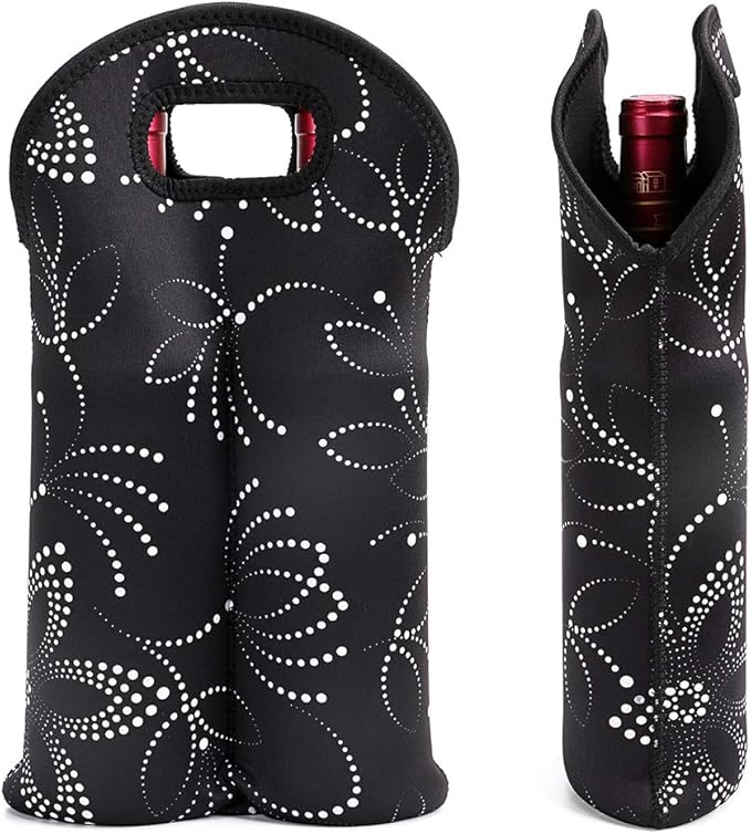 Hipiwe Wine Carrier Tote Bag Two Bottle Insulated Neoprene Wine/Water Bottle Holder for Travel with Secure Carry Handle (Black)