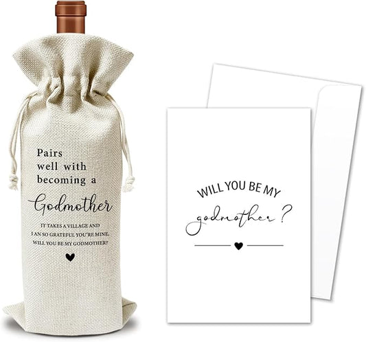Godmother Proposal Wine Gift Bags & Card, Godmother Gifts Baptism Gifts for Godparents God Mom God Mother 1pcs Reusable Burlap Wine Gift Bags for Wine Bottles, Party Favor Will You be My Godmother -18