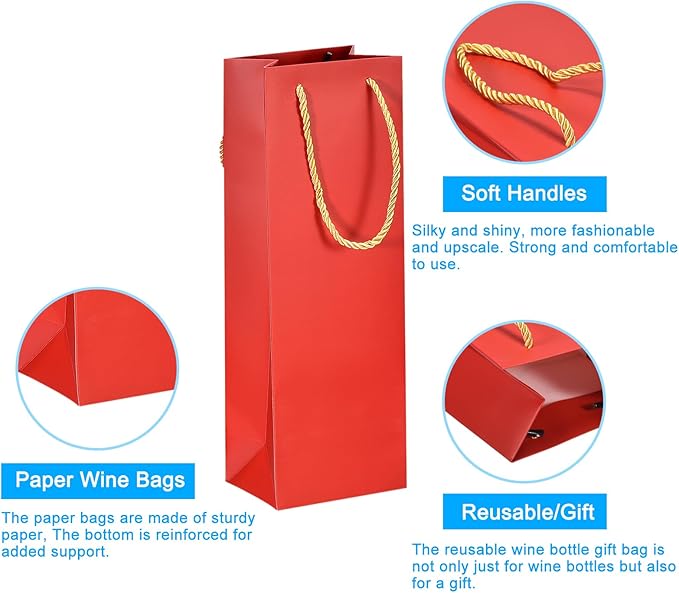 uxcell Wine Bags, 12pcs Red 5 x 4 x 14 In Wine Gift Bags with Rope Handles Paper Wine Tote Bag for Wedding Birthday Christmas Party Supplies