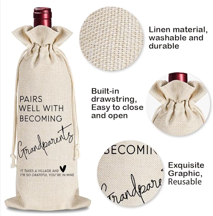 YAANUNULU Grandparents Gifts, Pregnancy Announcement Wine Bag, Pairs Well with Becoming Grandparents Wine Bag, Grandmother Grandfather Gifts, Party Decorations