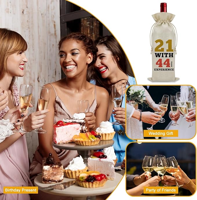 Sazuwu Funny 65th Birthday Gifts Wine Bag 65 Year Old Birthday Gifts for Friend 1959 Birthday Gifts Wine Bottle Decoration Bag 21 with 44 Years Experience Wine Accessories Gifts for Wine Lovers