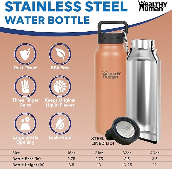 Healthy Human Stainless Steel Water Bottle | Double Walled Vacuum Insulated Water Thermos for Adults | Eco-Friendly Travel Bottles with Leak Proof Lid (Peach, 32 oz/ 946 ML)