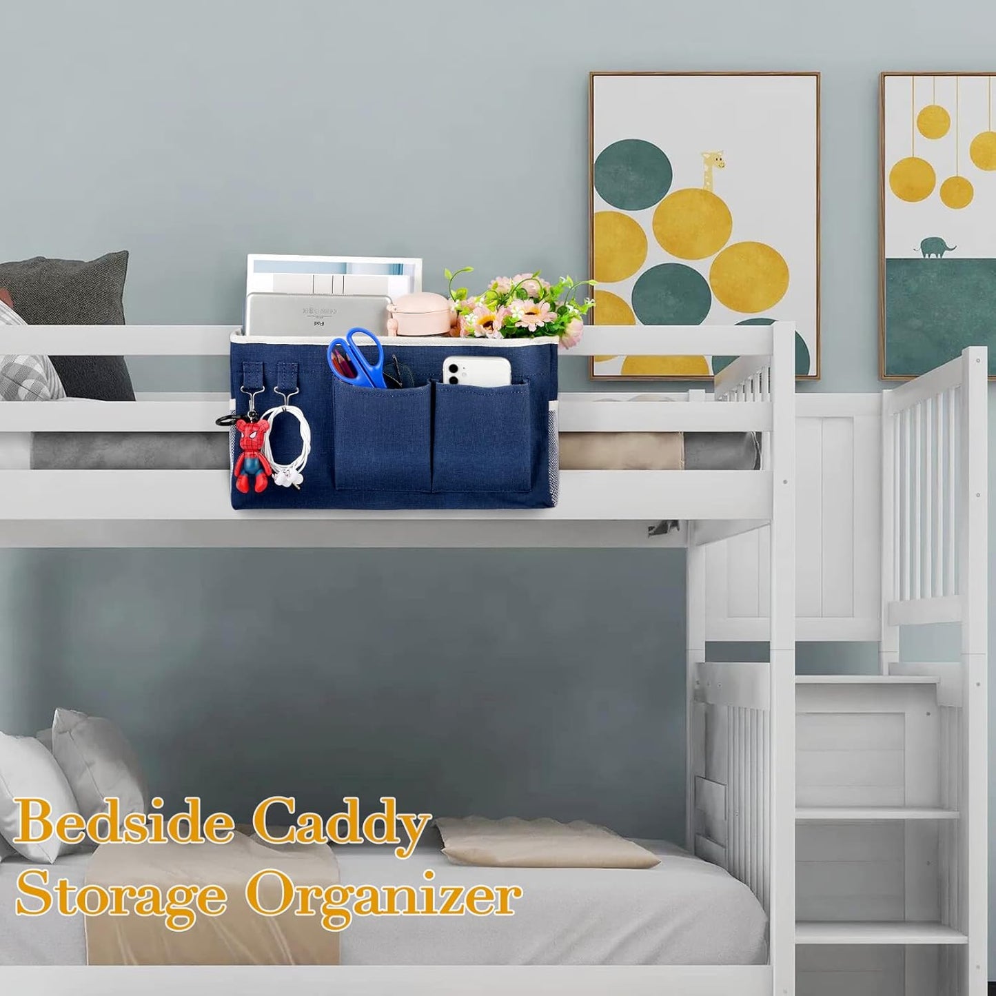 Bedside Storage Caddy/Bedside Hanging Storage Bag for Headboards Bunk Beds Dorm Rooms Book Phone Magazine Holder (2PC Navy Blue)