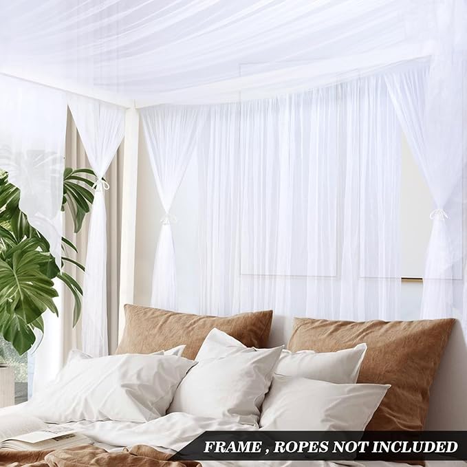 South to East White Canopy Bed Curtains, 4 Corner Post Bed Canopy, Top Elegant Bed Drapes for Bedroom Decor, 75D Polyester Mesh, Easy Install, Bed Curtain for King/Queen/Full Size