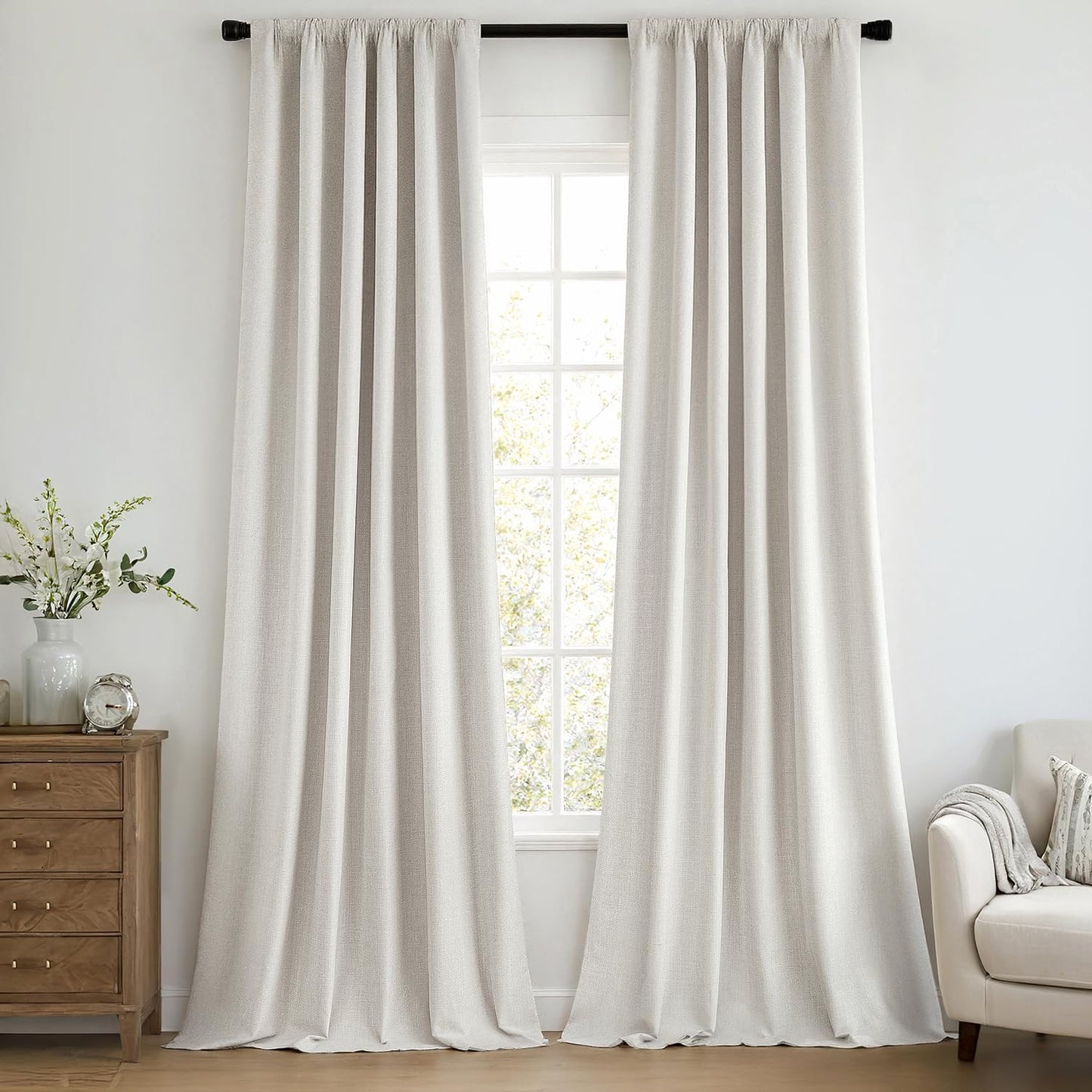 MIULEE 100% Blackout Curtains 102 Inch Long 2 Panels Set for Bedroom, Thick Faux Linen Black Out Curtain Room Darkening Back Tab Pleat Window Textured Drapes with Hooks for Living Room, Light Beige