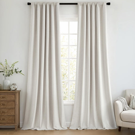 MIULEE 100% Blackout Curtains 102 Inch Long 2 Panels Set for Bedroom, Thick Faux Linen Black Out Curtain Room Darkening Back Tab Pleat Window Textured Drapes with Hooks for Living Room, Light Beige