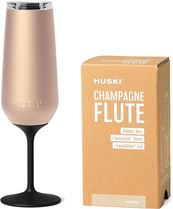 Huski Champagne Flute | NEW | Premium Stainless Steel Champagne Glass with Lid | Go Stemmed or Stemless with Detachable Stem | Triple Insulated Tumbler | 8oz Capacity | Great Gift (Champagne)