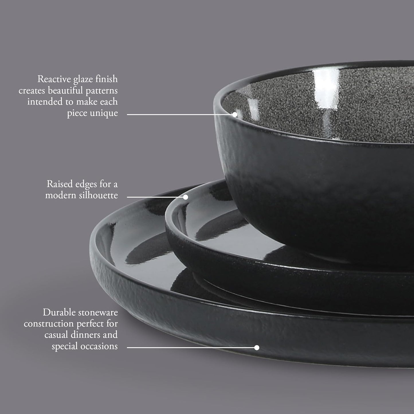 Gibson Elite Tahoe Sunset 12 Piece Stoneware Reactive Glaze (Service for 4) Ceramic Plates and Bowls Dinnerware Set - Black