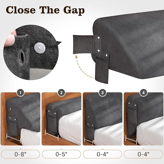 Heart-Shaped Bed Wedge Pillow for Headboard Gap with Adjustable Pocket, Grey Bed Gap Filler (0-8"), Headboard Bed Pillow Wedge, Mattress Gap Filler Queen(60"x10"x5")