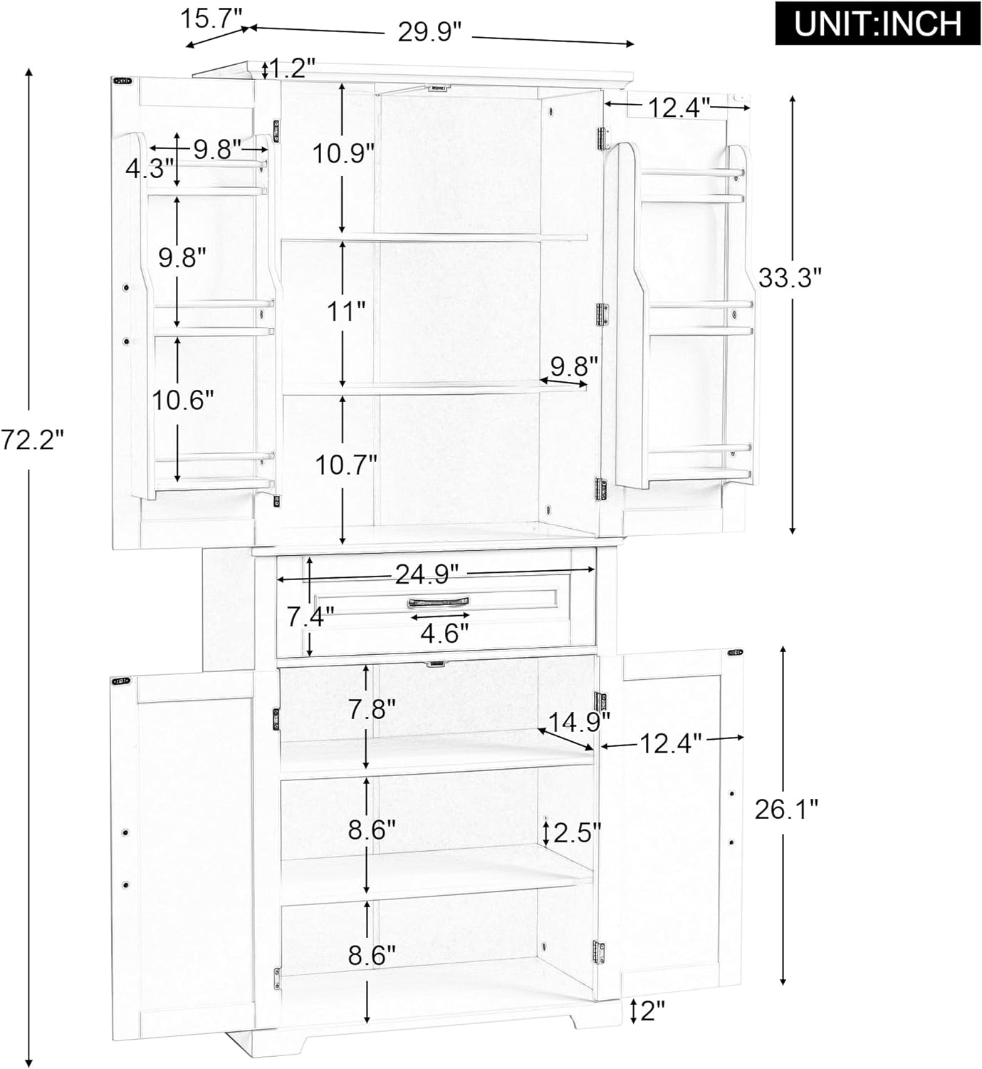72.2" Tall Storage Cabinet with 4 Doors and Drawer, Freestanding Linen Cabinet, Wooden Pantry with Adjustable Shelf for Kitchen, Bathroom, Living Room, Grey
