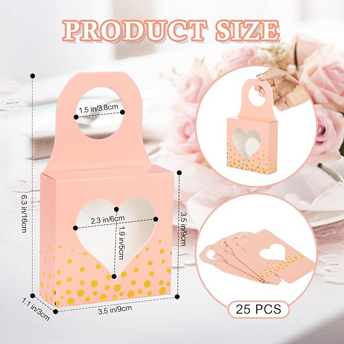 ISKYBOB 25 Pieces Wine Bottle Box with Window, Kraft Paper Wine Boxes for Gifts Hanging Wine Bottle Gift Box Foldable Wine Bottle Hanger Favor Box for Holding Candy Truffles Chocolate Cookies (Pink)