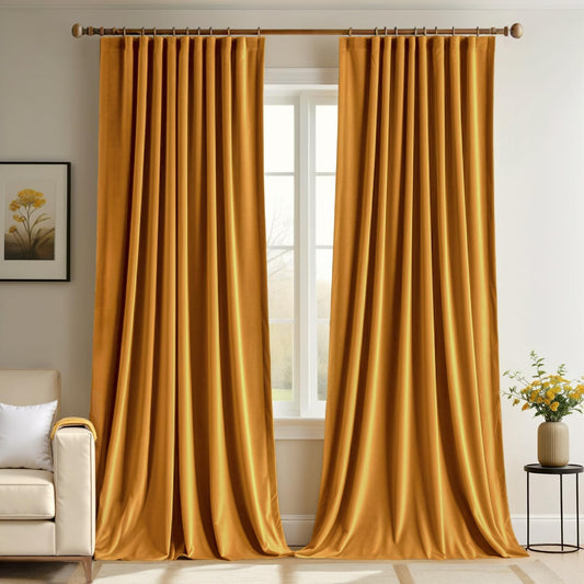 MIULEE Mustard Yellow Velvet Curtains 84 Inches Long 2 Panels - Pinch Pleated Room Darkening Curtains for Bedroom Living Room Blackout Thermal Insulated Super Soft Fall Window Drapes Back Tab