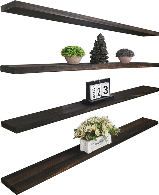 Wood Floating Shelves for Wall Decor, Rustic Wall Shelves for Bedroom Bathroom Kitchen Living Room, Set of 4 Walnut 48 Inch
