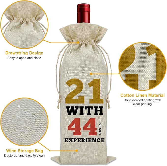 Sazuwu Funny 65th Birthday Gifts Wine Bag 65 Year Old Birthday Gifts for Friend 1959 Birthday Gifts Wine Bottle Decoration Bag 21 with 44 Years Experience Wine Accessories Gifts for Wine Lovers
