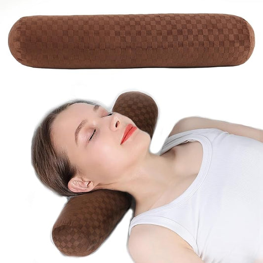 Health Cervical Neck Roll, Comfortable and Highly Resilient Bolster Pillows, Round Neck Pillows Support for Sleeping, Large Size Bolster Pillow for Bed, Legs, Back and Yoga (Checkerboard--Brown)