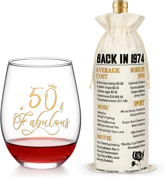 DAZLUTE 50th Birthday Gifts for Women, 50 & Fabulous Wine Glass with 1 Pack Reusable Burlap Wine Bag, 50 Year Old Wine Glass Birthday Gift for Women Mom Friend Sister Wife Aunt Grandma, 17 Oz Gold