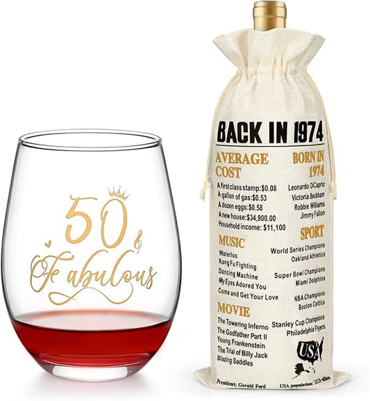 DAZLUTE 50th Birthday Gifts for Women, 50 & Fabulous Wine Glass with 1 Pack Reusable Burlap Wine Bag, 50 Year Old Wine Glass Birthday Gift for Women Mom Friend Sister Wife Aunt Grandma, 17 Oz Gold