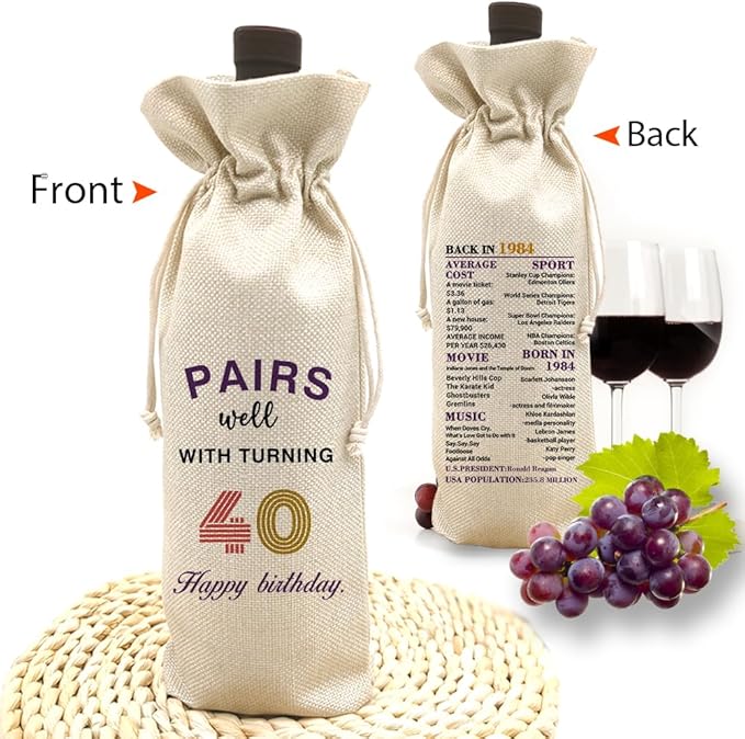 Socive 40th Birthday Gift for Women Men,40th Birthday Wine Bag,1984 Birthday Wine Bag,40 Years Old Birthday Party Decor Gift (40 BIRTHDAY)
