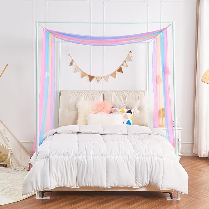 Rainbow Princess Canopy Bed Curtain Queen, Bed Scarf Valance with Cloud Ornaments, Bed Canopy for Girls Bedding Decor (1 Panel, Full/Queen Size)