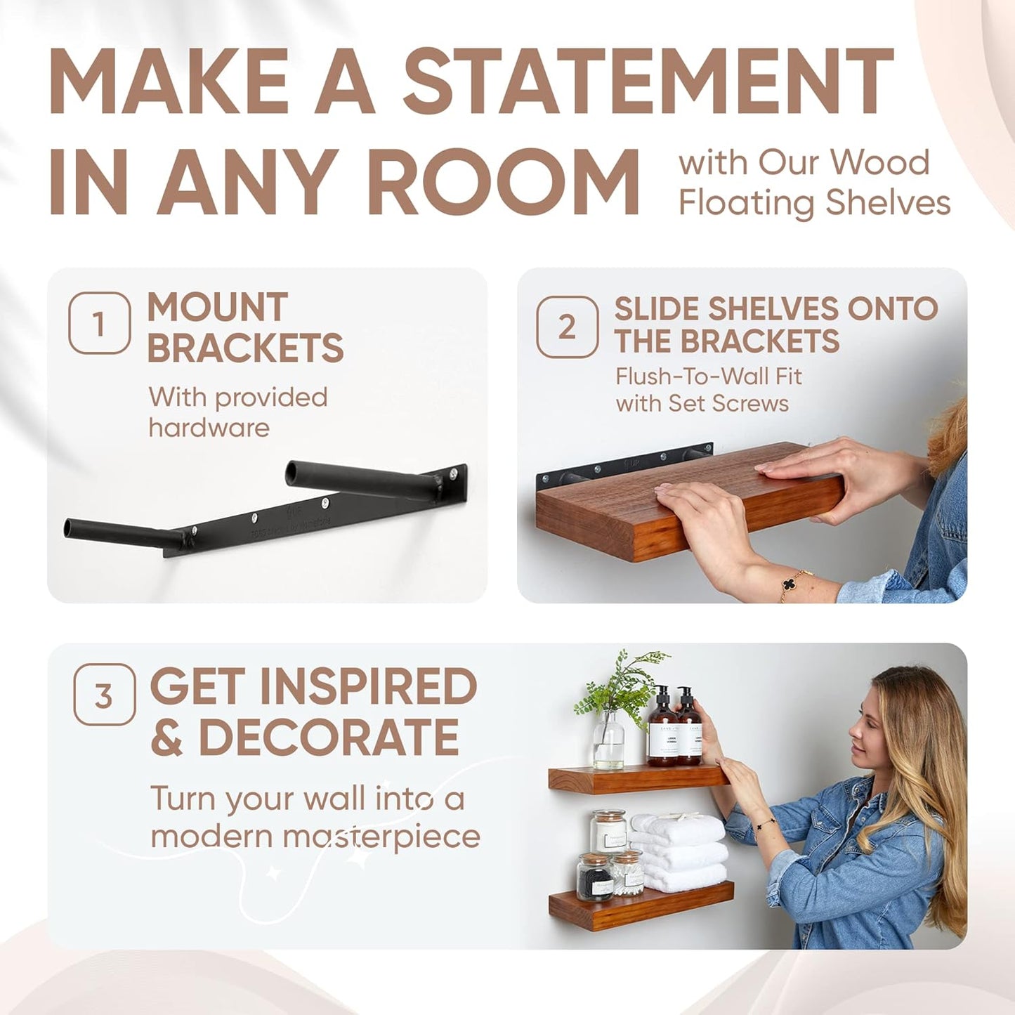 Homeforia 12 inch Oak Floating Shelf, High End Solid Real Wood 12inch Small Floating Shelves for Wall Mounted, Honey Oak Wooden 12in Floating Shelves, Heavy Duty Bracket, 12 X 6.5 X 1.75 in, Set of 2