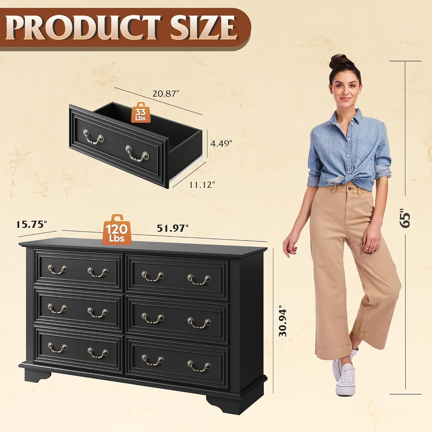 WLIVE Farmhouse Dresser for Bedroom, 51.97'' Wide Wood 6 Drawer Dresser, Chest of Drawers with Roman Metal Handle, TV Stand for 60 inch TV, for Living Room, Hallway, Black