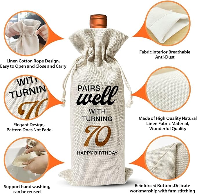 70th Birthday Wine Gift Bag For Mom Dad Women Men Her Him Grandfather Grandmother, 1954 Birthday Gift, 70th Birthday Party Supply Favors, 70th Anniversary Wine Bag, Reusable Linen Wine Bag Gift