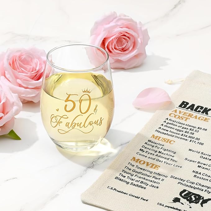 DAZLUTE 50th Birthday Gifts for Women, 50 & Fabulous Wine Glass with 1 Pack Reusable Burlap Wine Bag, 50 Year Old Wine Glass Birthday Gift for Women Mom Friend Sister Wife Aunt Grandma, 17 Oz Gold